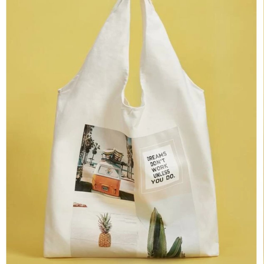 Slogan Graphic Canvas Tote Bag